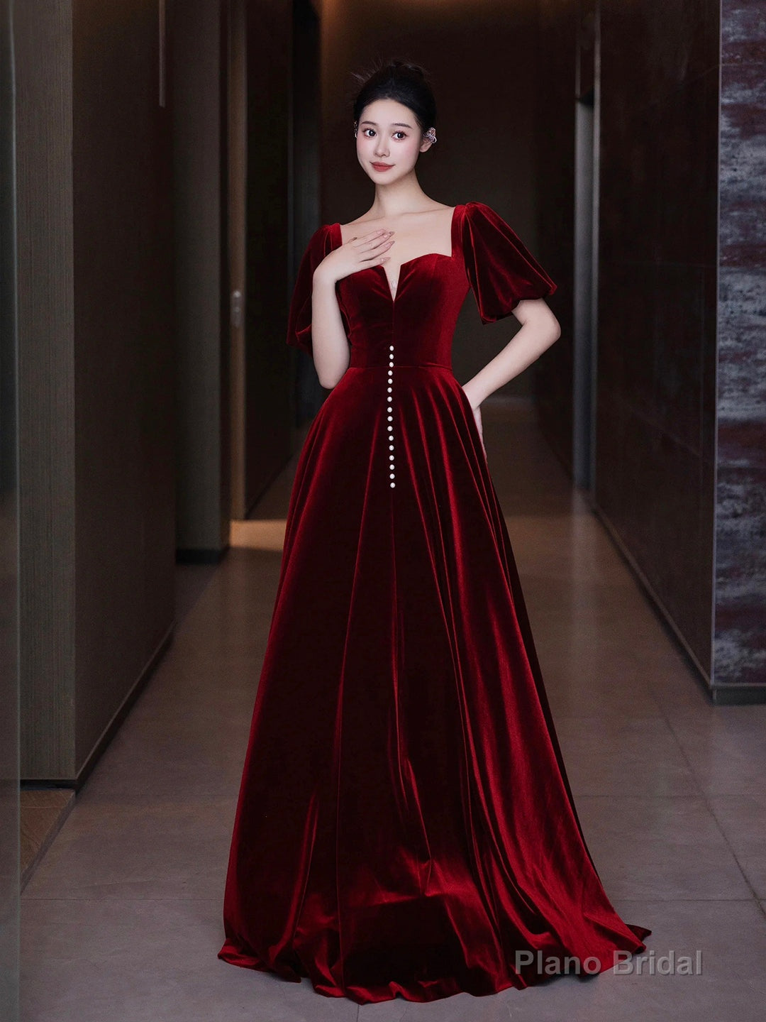 Burgundy Velvet Long A-Line Prom Dress Main image