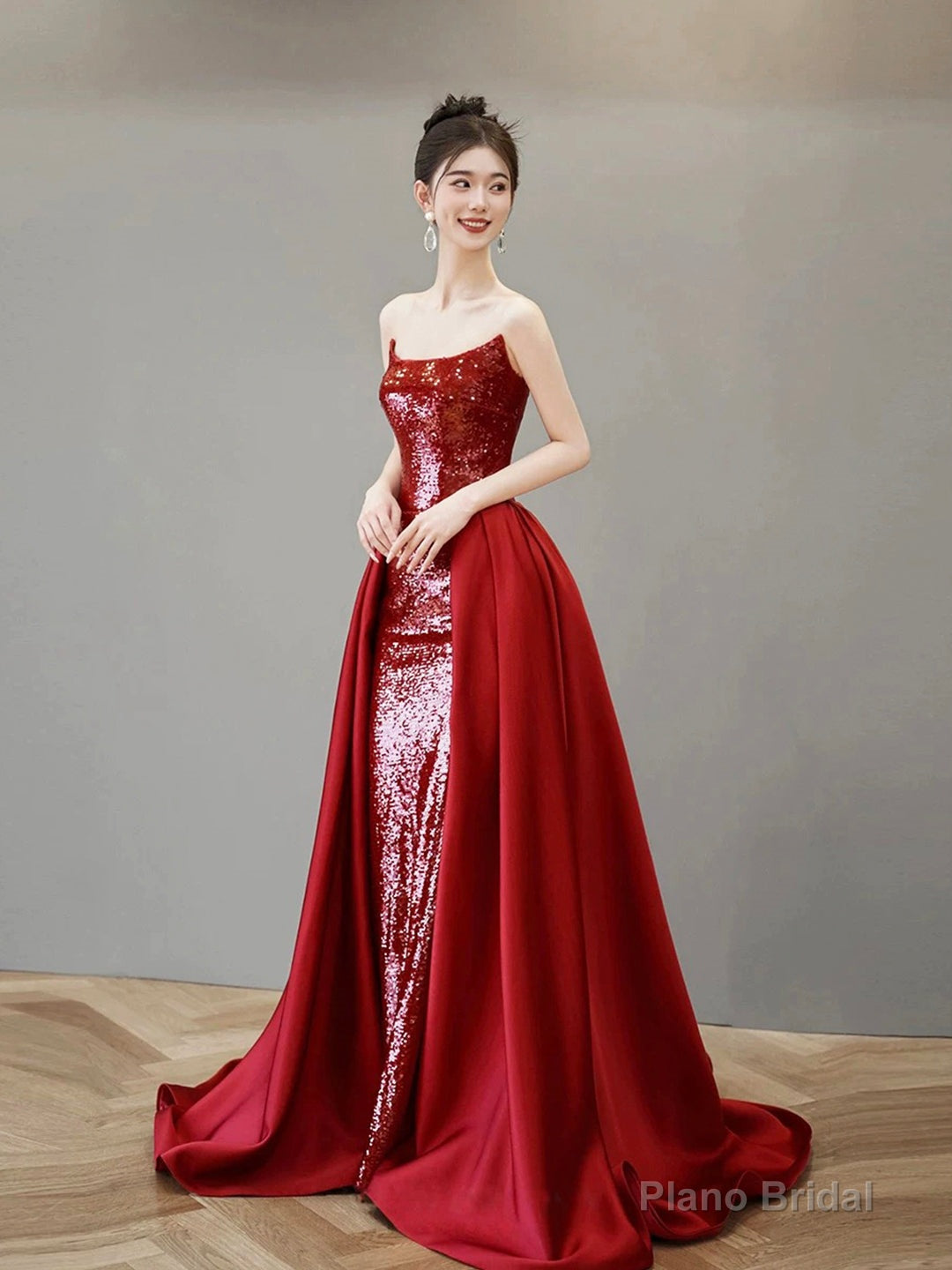 Burgundy Satin Sequins Long Prom Party Dress Secondary image