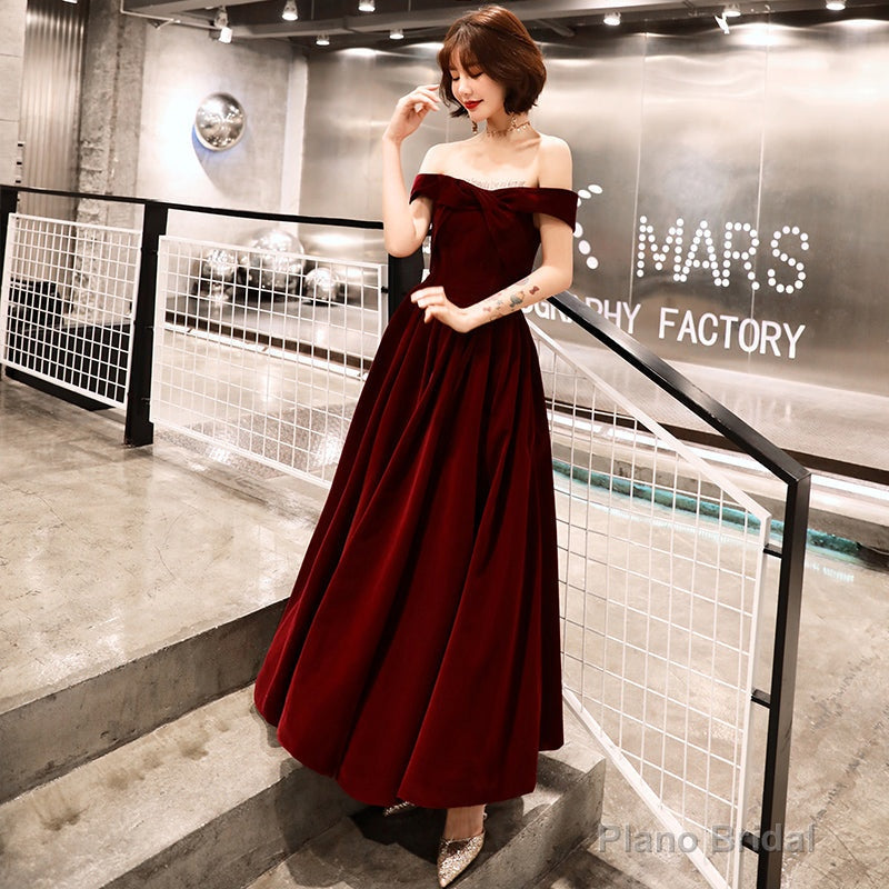 Burgundy velvet tea length prom dress party dress Main image