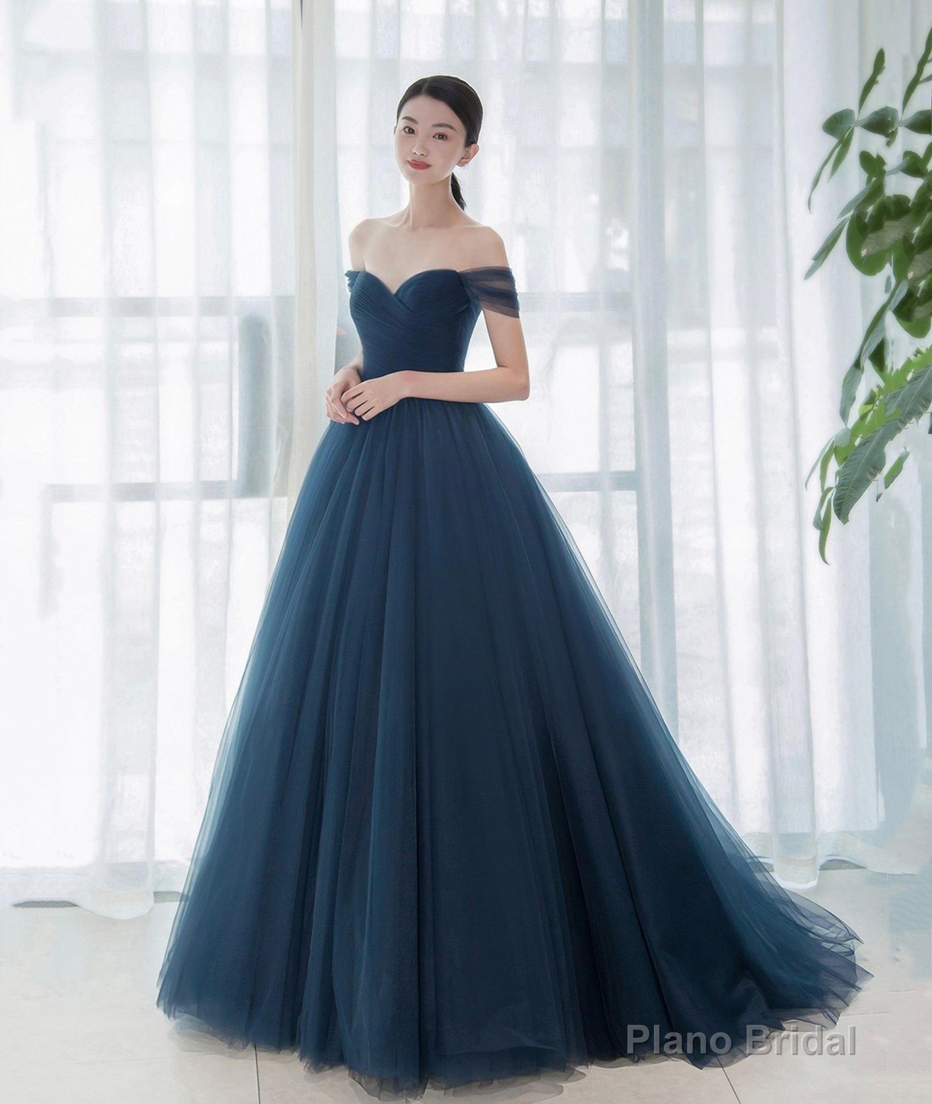 Elegant Tulle Long A-Line Prom Dress, Blue Off the Shoulder Evening Party Dress Secondary image