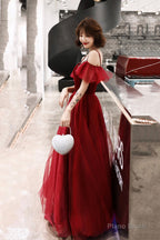 Burgundy velvet tulle long prom dress A line evening dress