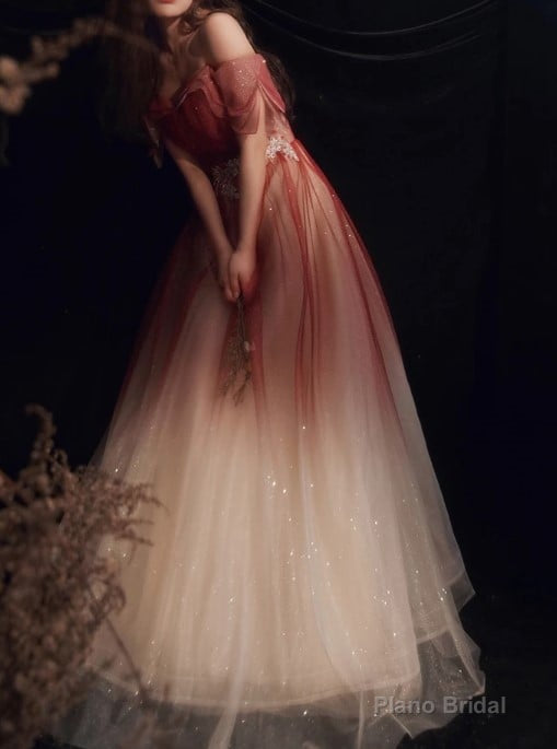 Red Gradient Off the Shoulder Tulle Evening Prom Dress Secondary image