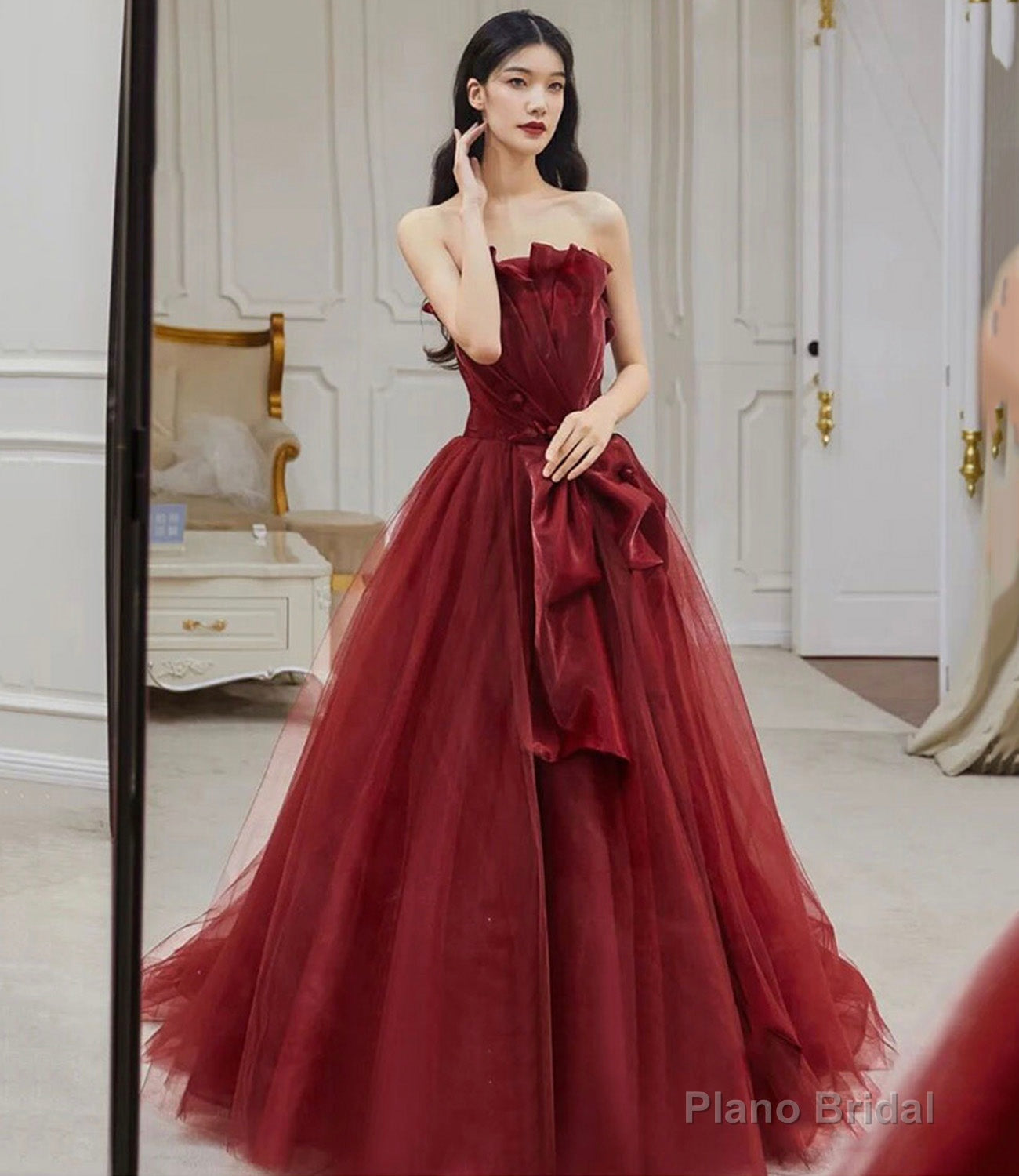 Burgundy tulle long A line ball gown dress formal dress Main image