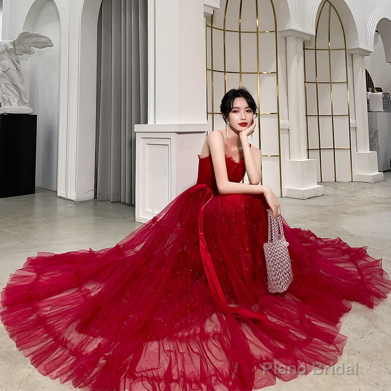 Burgundy tulle long prom dress, evening dress Secondary image
