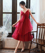 Burgundy v neck tulle sequins prom dress homecoming dress