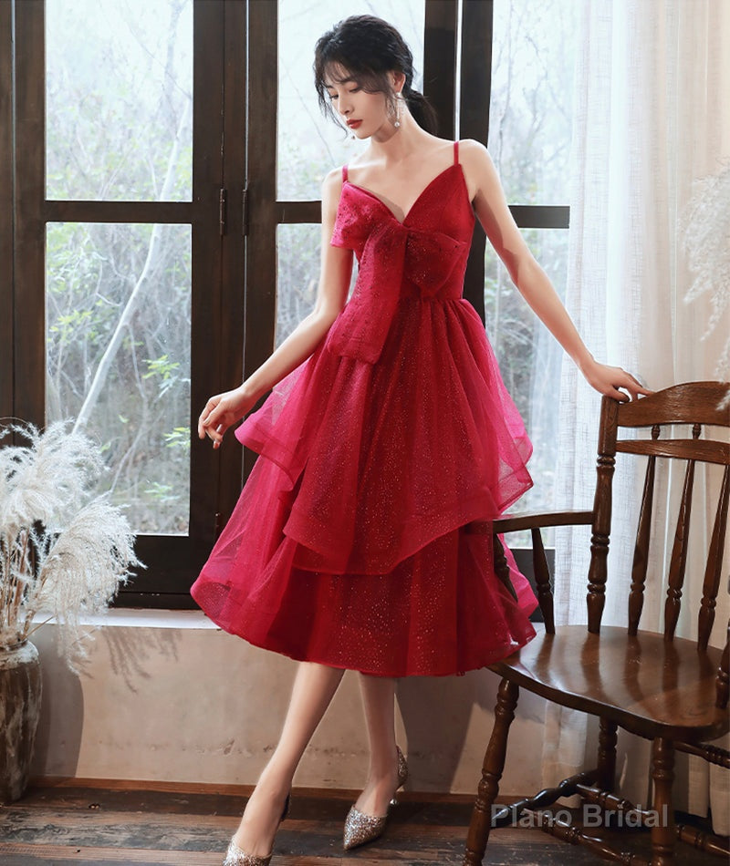 Burgundy v neck tulle sequins prom dress homecoming dress