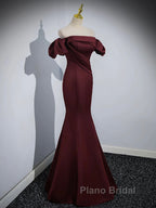 Burgundy Satin Long Formal Prom Dresses, Mermaid Off the Shoulder Evening Party Dresses