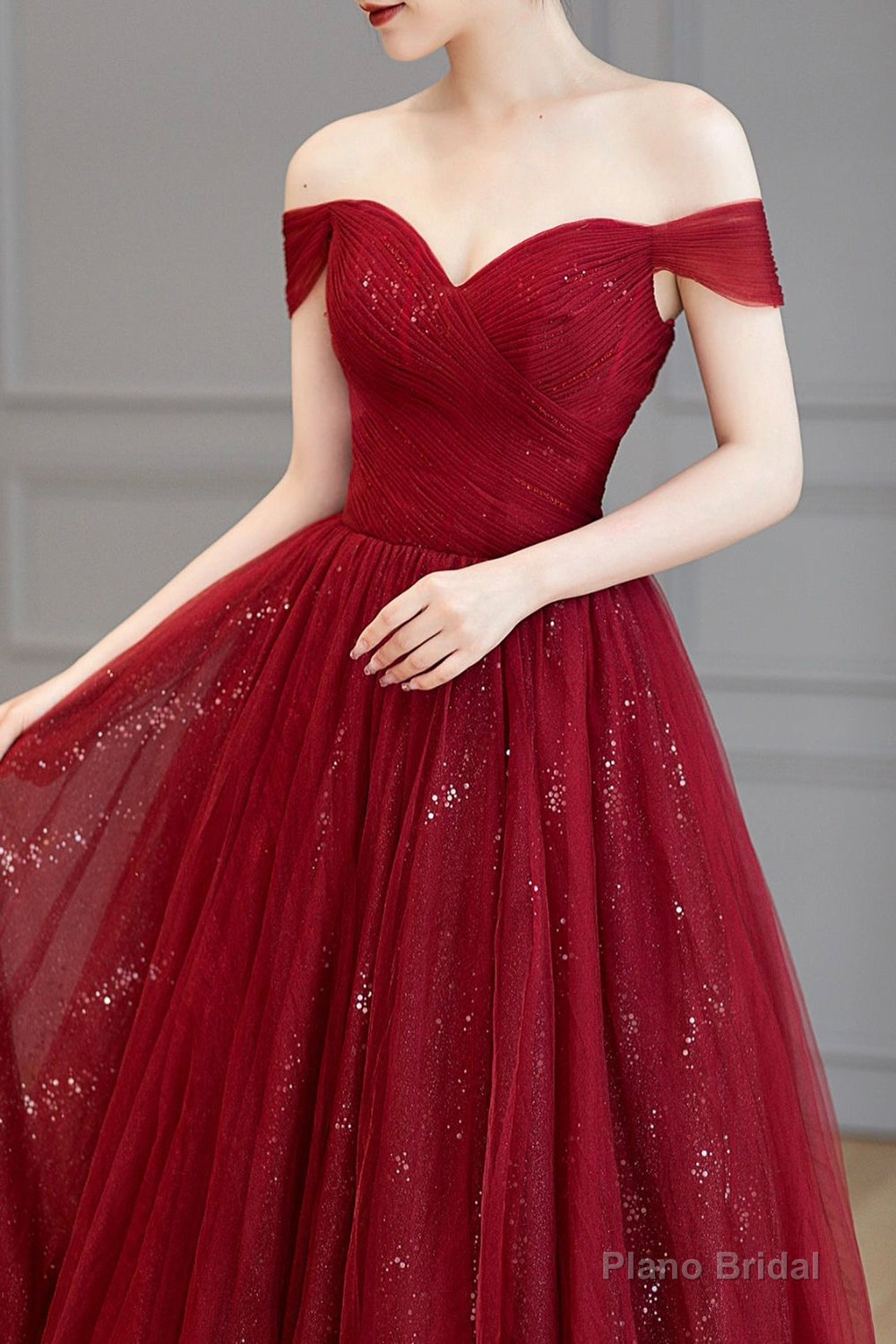 Urgundy Tulle Long Prom Dress, A-Line Off The Shoulder Evening Dress Secondary image