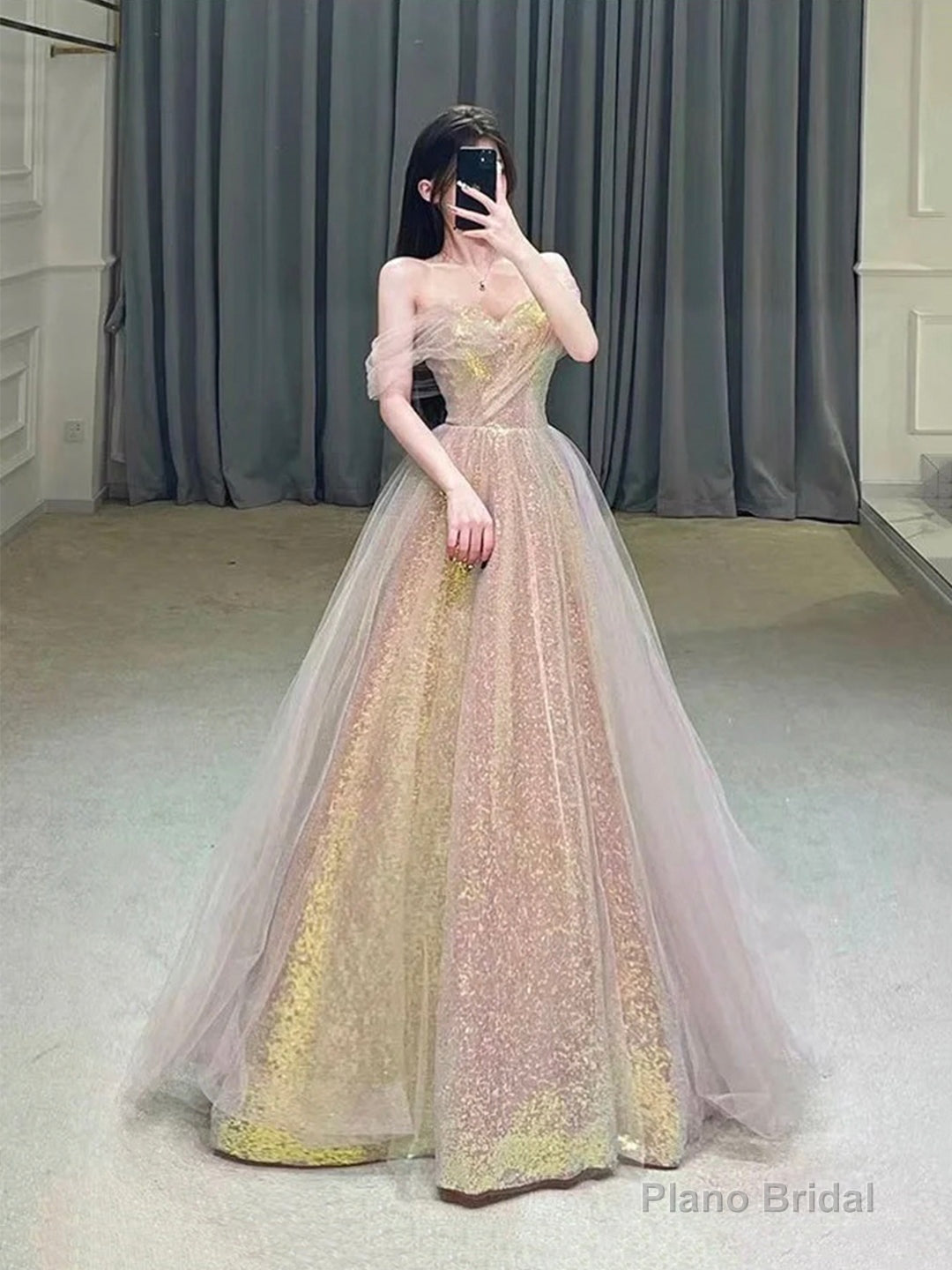 Shiny Tulle Sequins Long Prom Dress, Off the Shoulder Evening Party Dress Main image