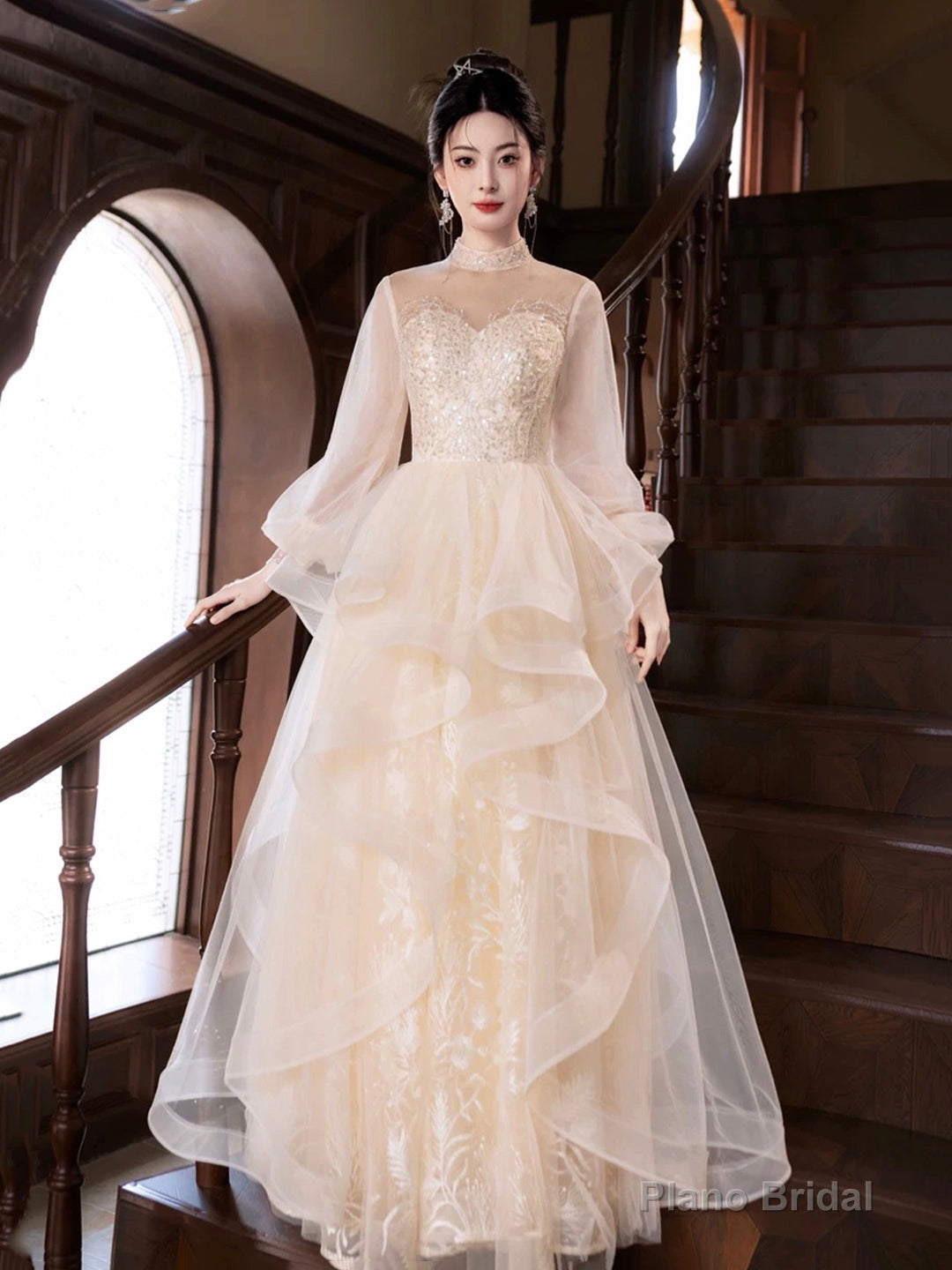 Champagne Tulle Long Sleeve Evening Party Dress Main image
