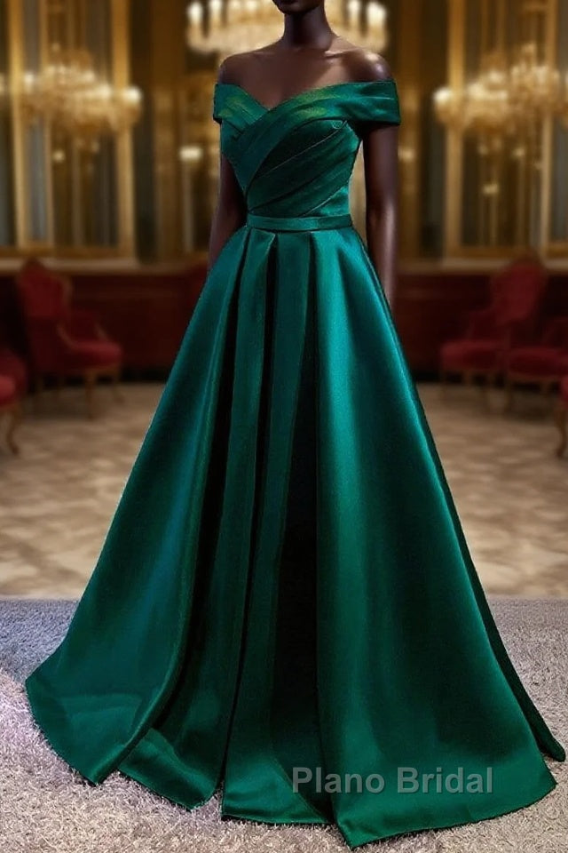 Satin Emerald Green Pleated A-Line Off-shoulder Formal Prom Dresses Main image