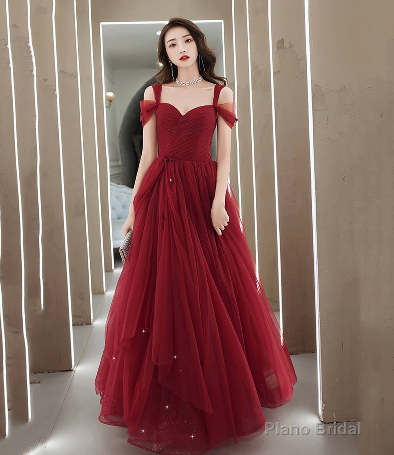 Burgundy tulle long prom dress A line evening dress