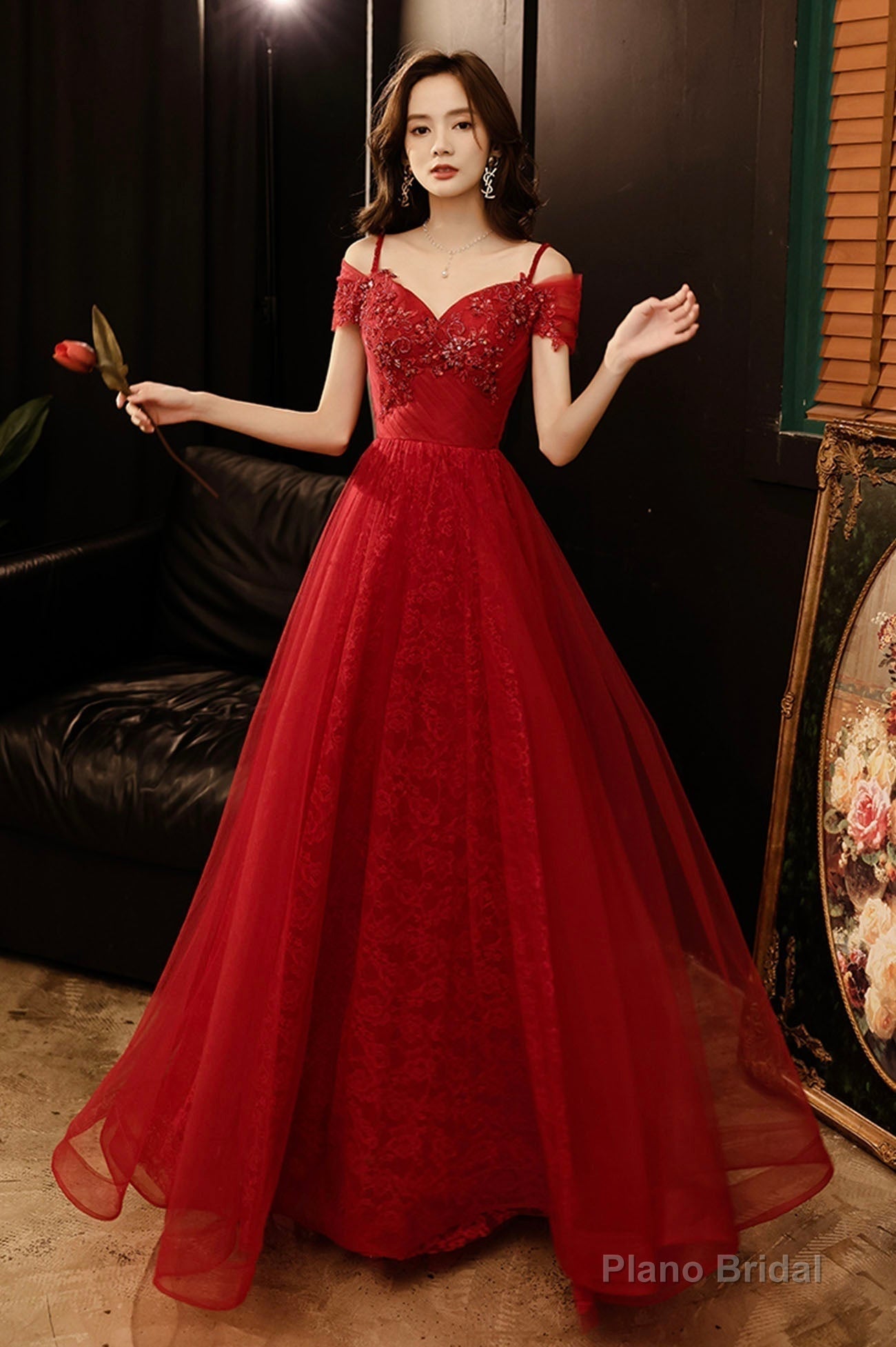 Burgundy tulle lace long prom dress A-line evening dress Secondary image