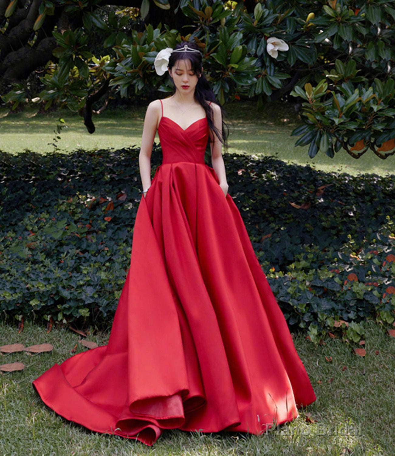 Red satin long prom dress A line evening dress Main image