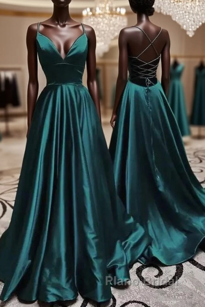 Elegant V Neck Spaghetti Straps A-line Dark Green Formal Prom Dresses