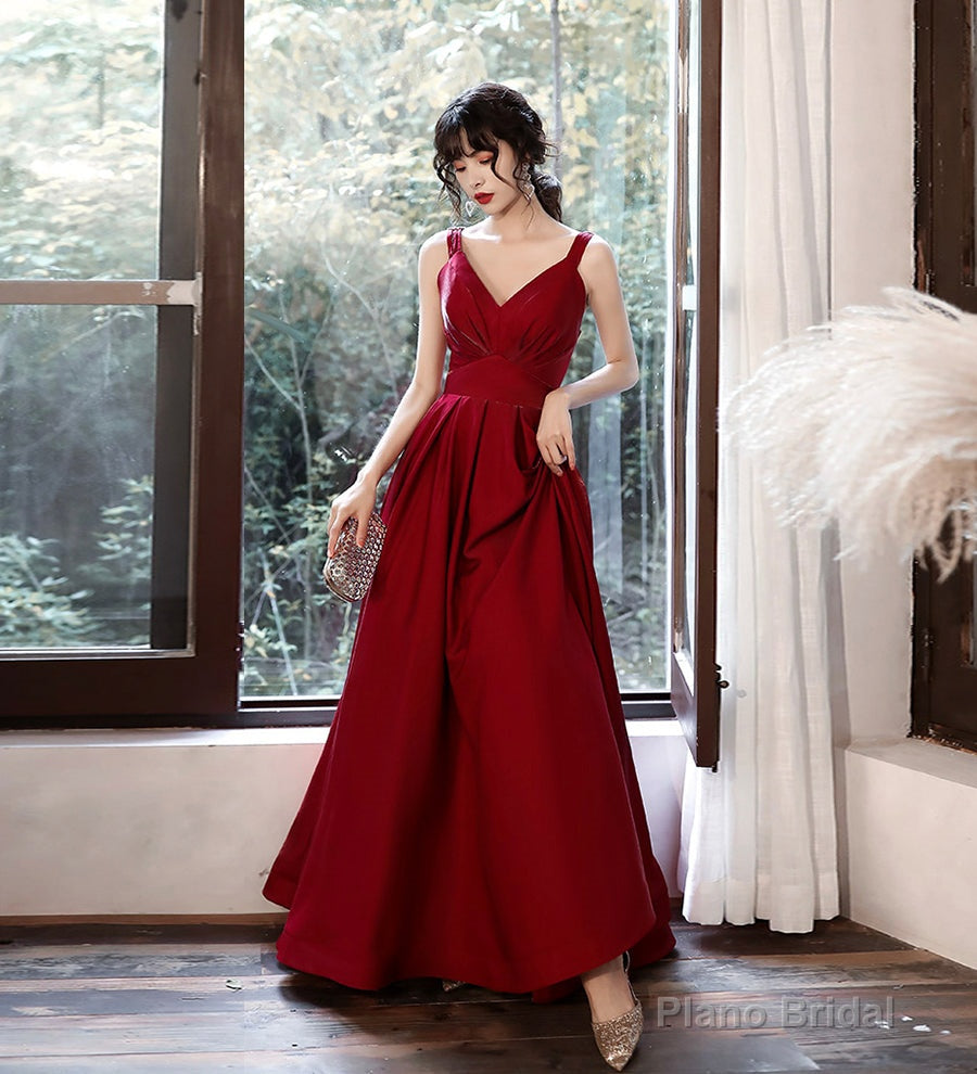 Burgundy satin long prom dress formal dress Secondary image