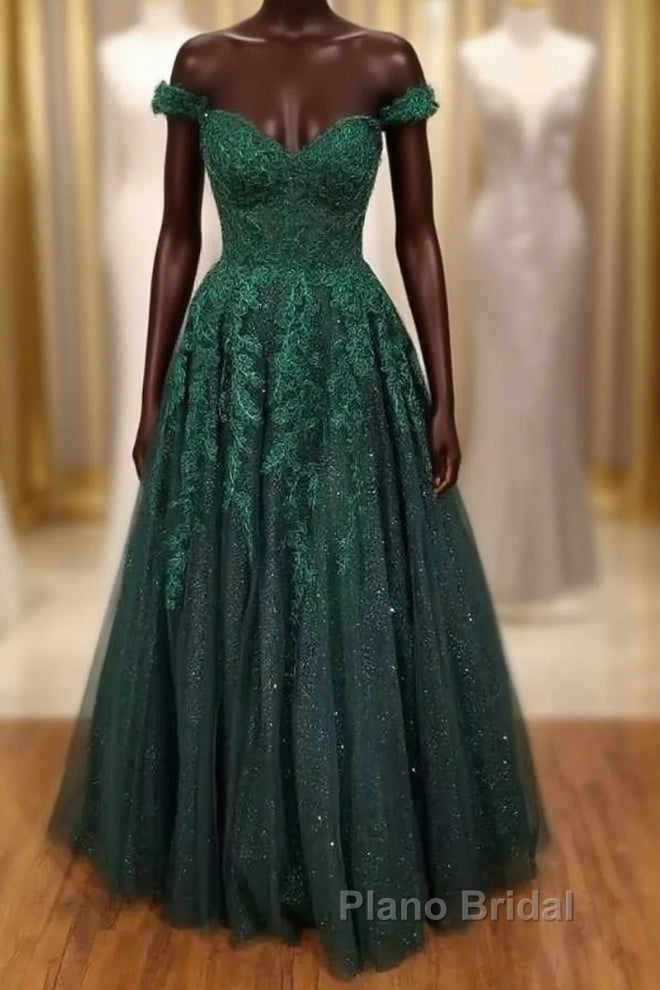 Off-the-Shoulder Cheap Hunter Green Formal Dresses Floral Appliques Formal Prom Dresses Main image