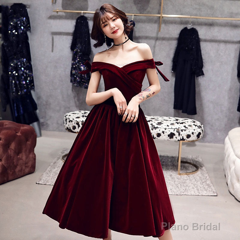 Burgundy v neck velvet short prom dress, homecoming dress Main image