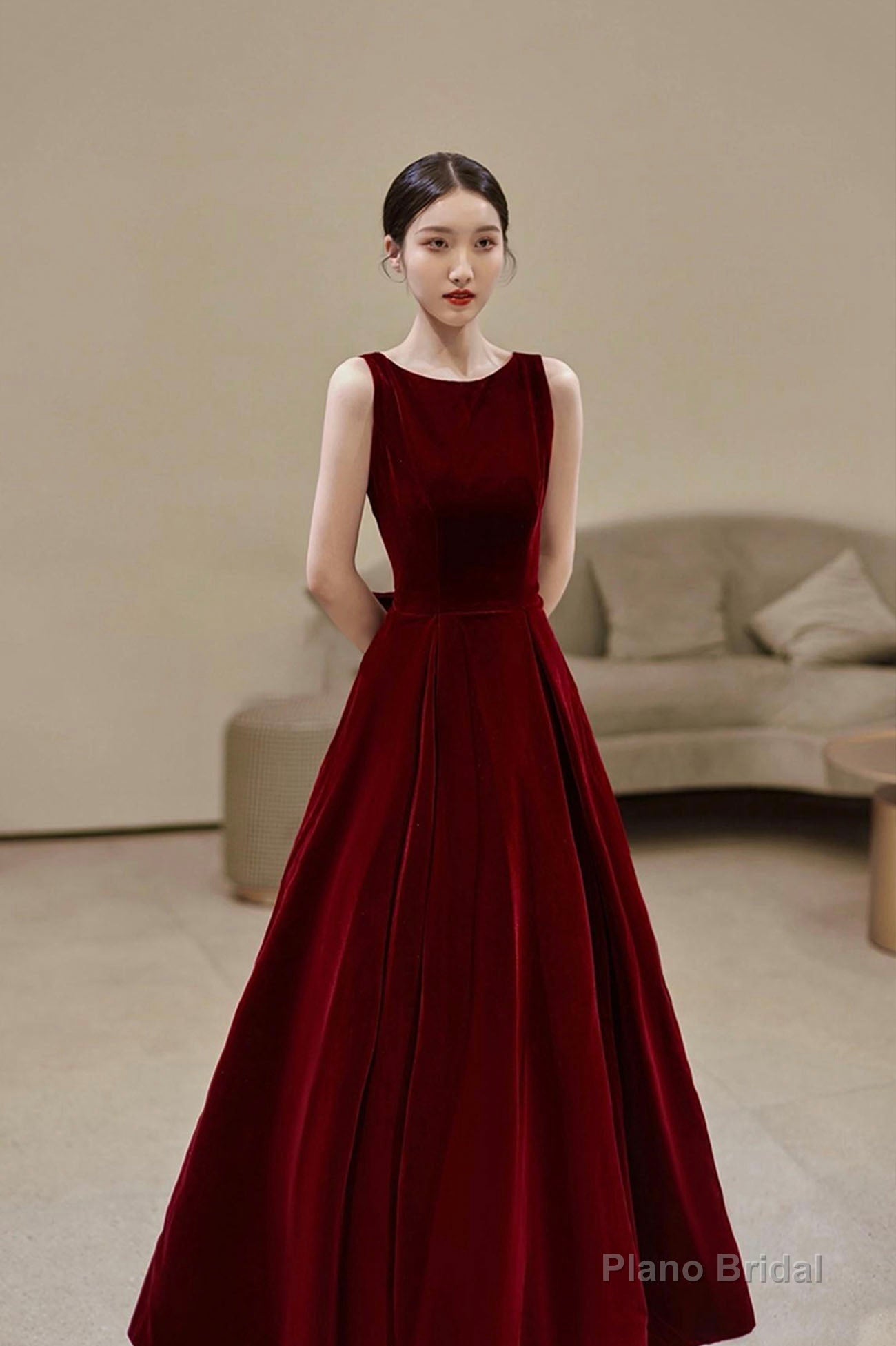 Burgundy velvet long A line prom dress with bow Main image
