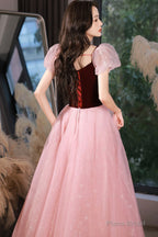 Pink tulle long A-line prom dress pink evening dress