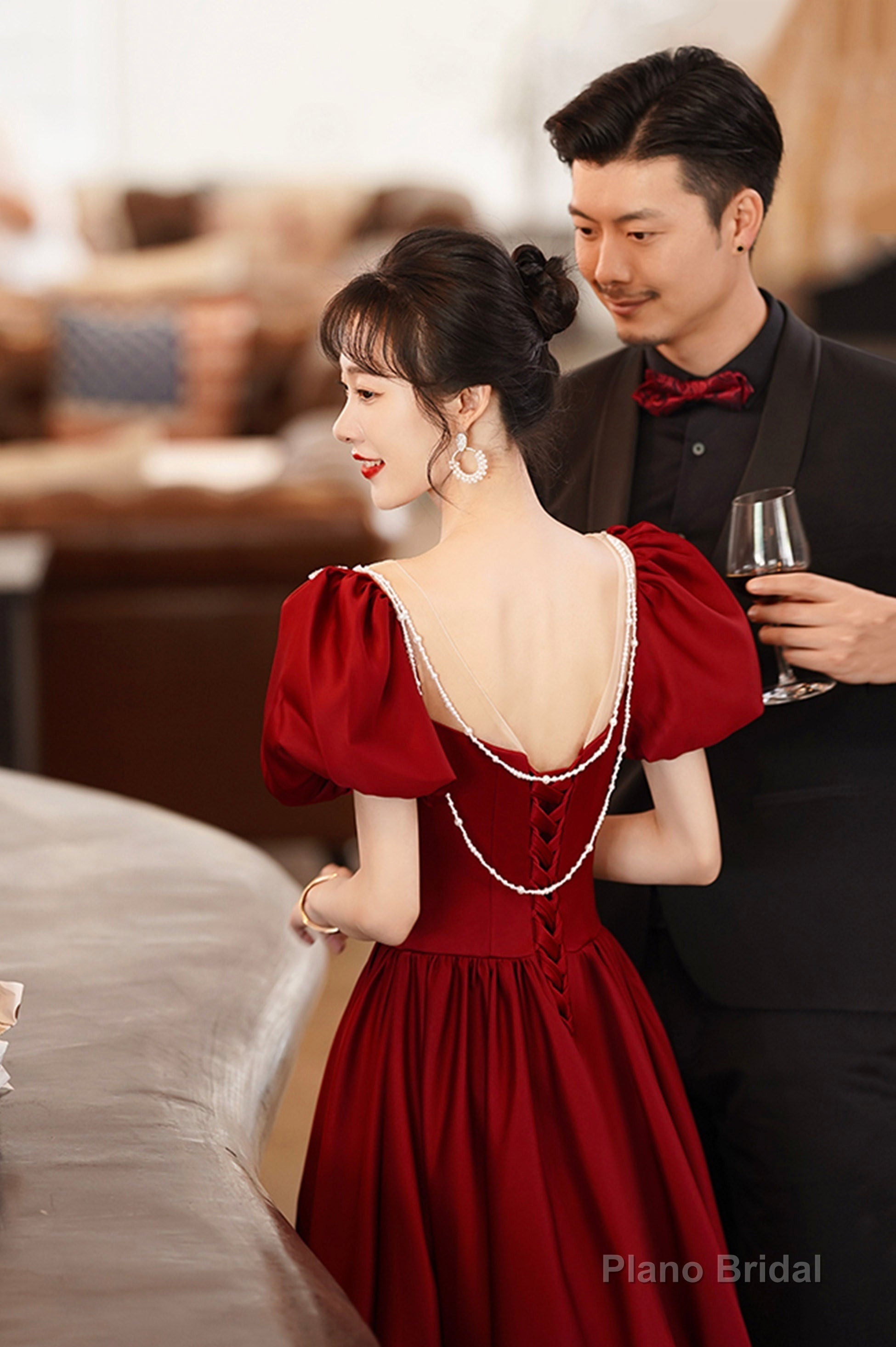 Burgundy satin long prom dress A line evening dress Secondary image