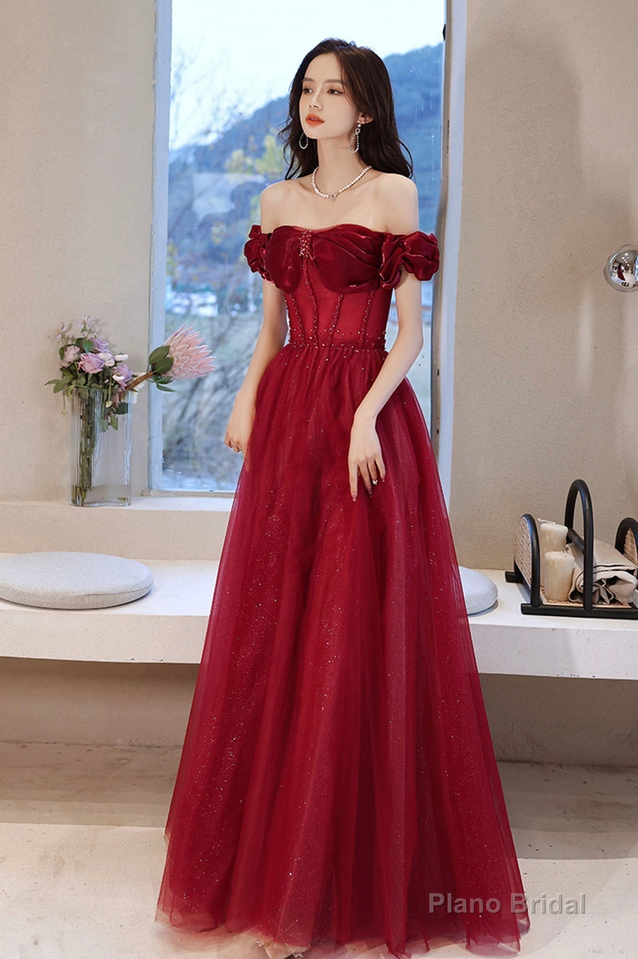 Burgundy tulle beads long prom dress evening dress Secondary image
