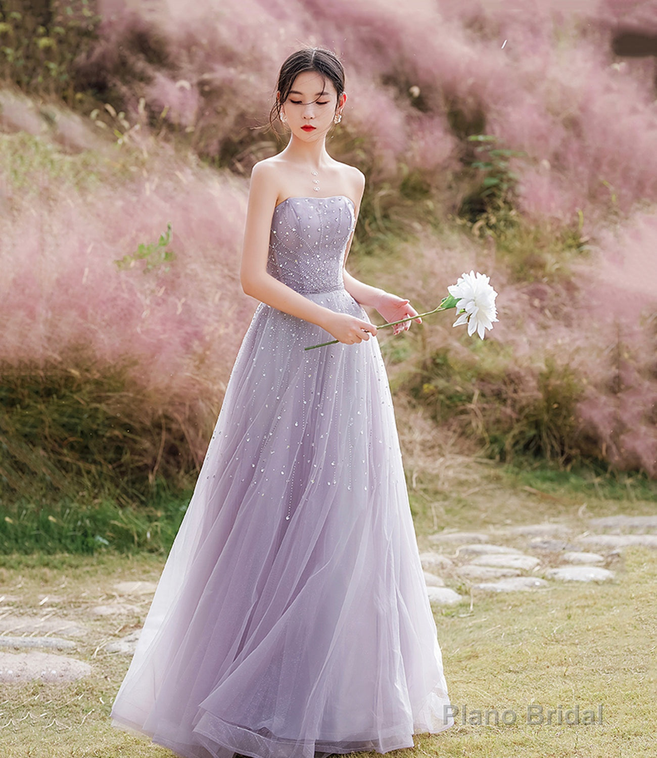 Purple tulle beads long prom dress A line evening dress Main image