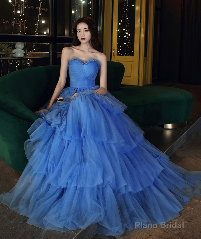 Blue tulle long prom dress blue evening dress Main image