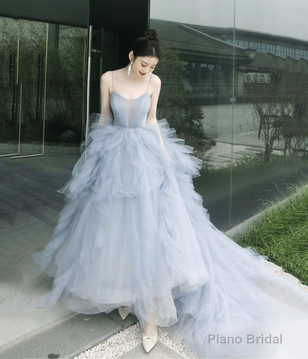 Gray Tulle Spaghetti Strap Long Prom Dress, Gray V-Neck Evening Dress