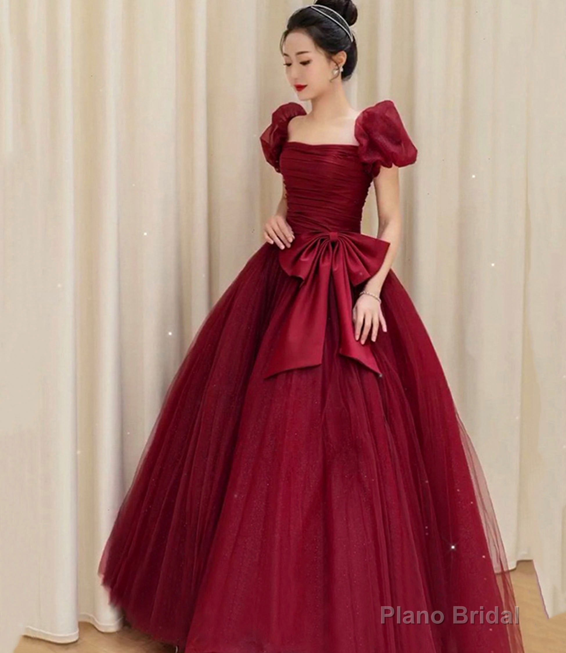 Burgundy tulle long ball gown dress formal dress Main image