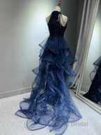 Navy Blue Sequins Long Formal Prom Party Dresses