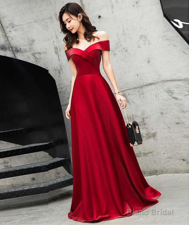 Burgundy satin long prom dress cute evening dress