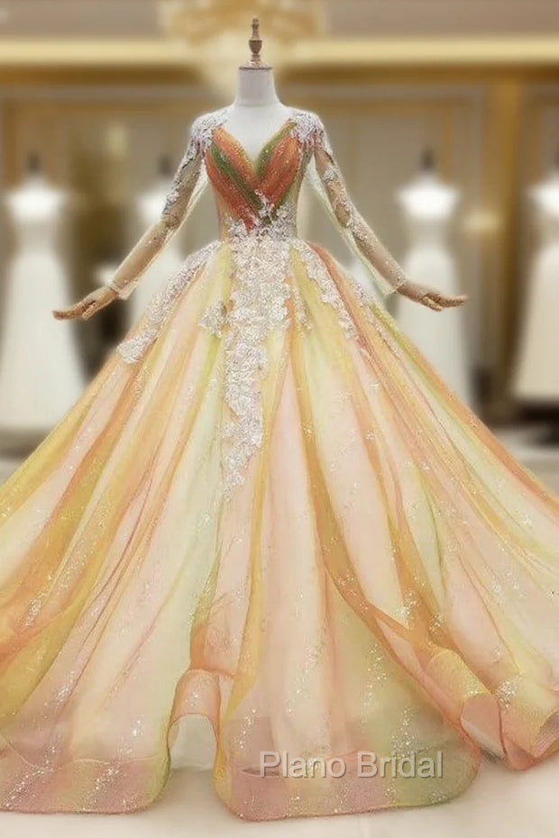 Find Plenty Of Champagne Ball Gown Tulle Long Sleeve V-neck Appliques Wedding Dresses Main image