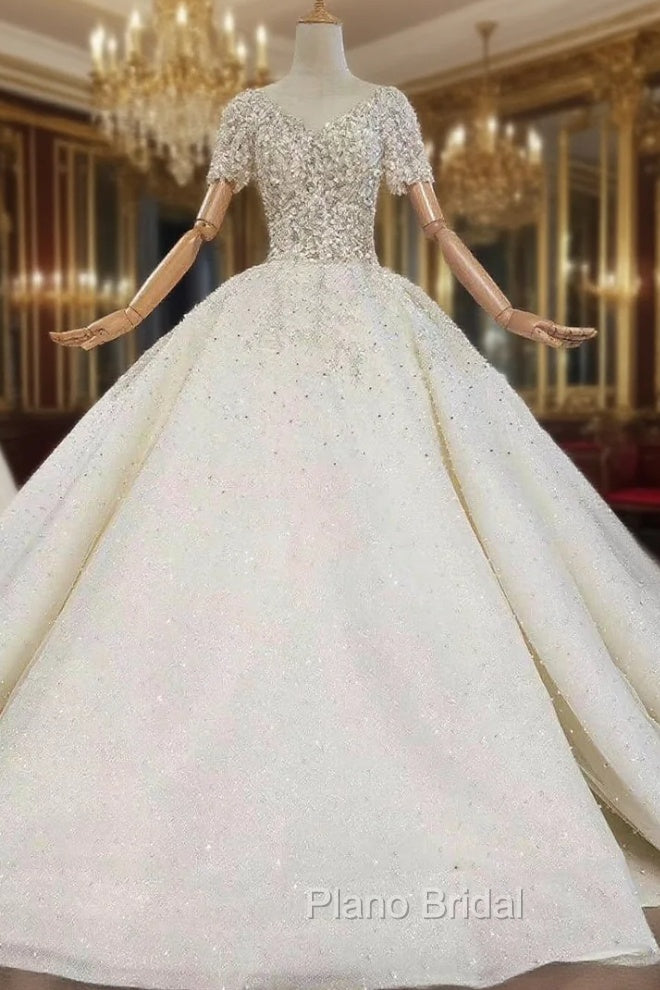 Find The Perfect Light Champagne Tulle Short Sleeve Backless Appliques Beading Wedding Dresses Main image