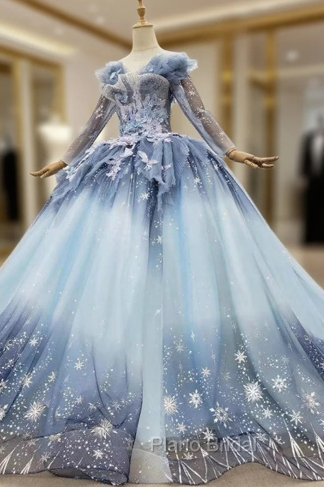 Find The Perfect Shade Of Blue Ball Gown Tulle Sequins Long Sleeve Appliques Beading Formal Prom Dresses Main image