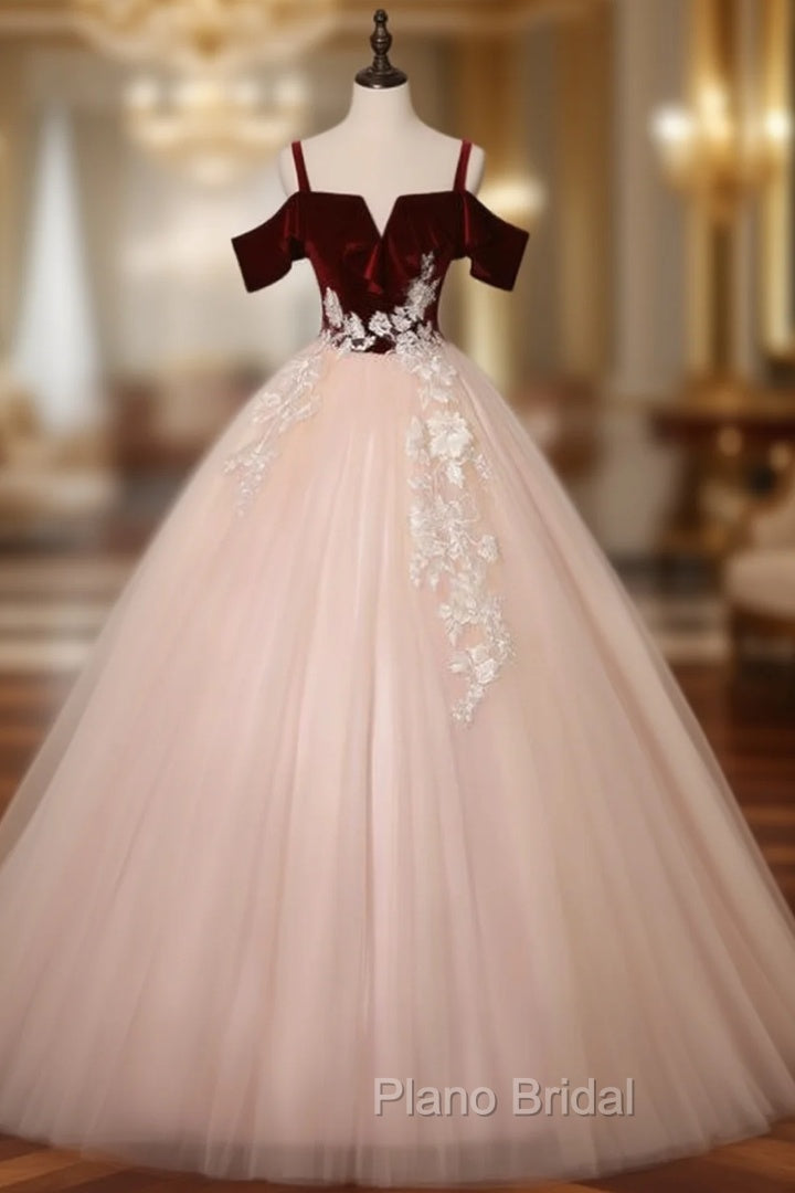 Find Your Dresses For Formal Prom! Burgundy Velvet Pink Tulle Spagehtti Straps Appliques Quinceanera Dresses