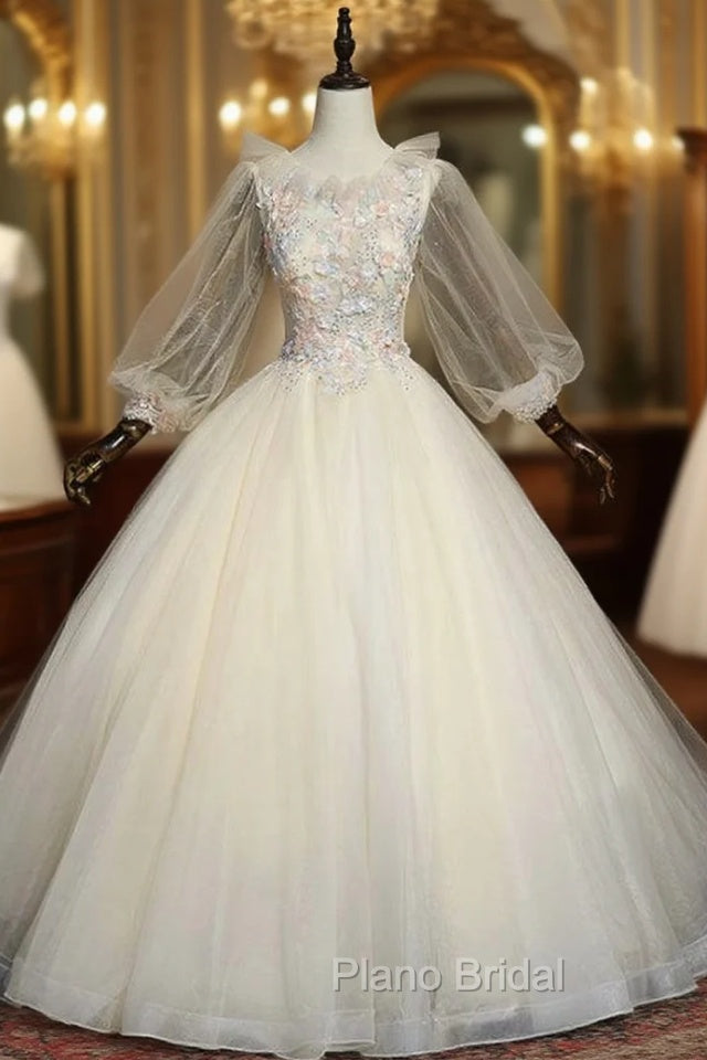 Find Your Dresses For Formal Prom! Champagne Ball Gown Tulle Long Sleeve Appliques Quinceanera Dresses Main image