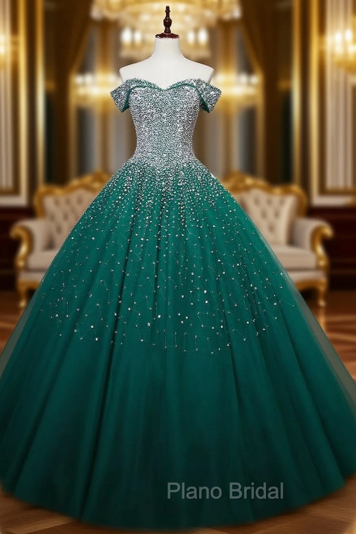 Find Your Dresses For Formal Prom! Dark Green Ball Gown Tulle Off the Shoulder Beading Sequins Quinceanera Dresses Main image
