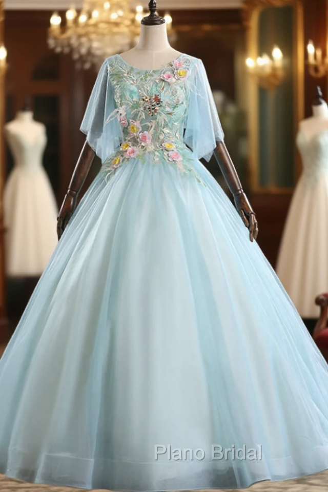 Find Your Dresses For Formal Prom! Light Blue Ball Gown Tulle Short Sleeve Appliques Quinceanera Dresses Main image