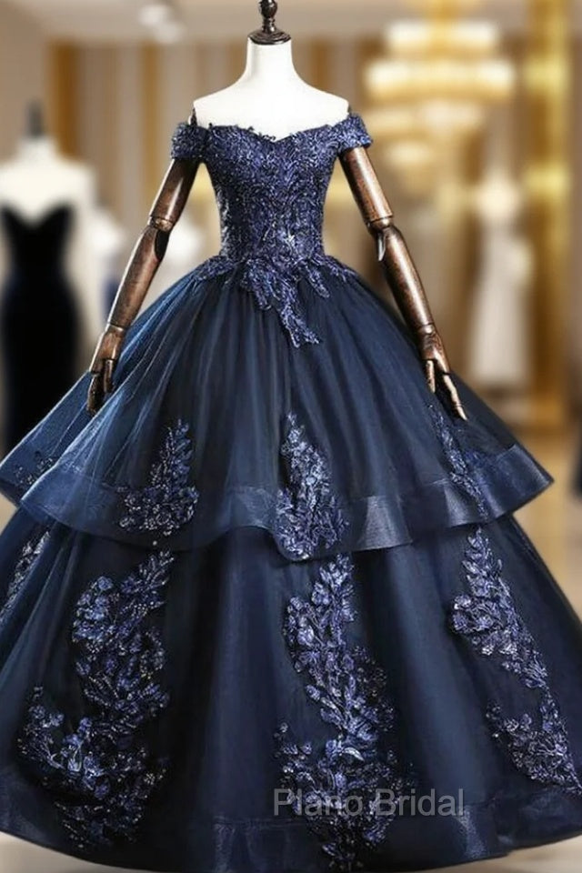 Find Your Dresses For Formal Prom! Navy Blue Ball Gown Tulle Appliques Off the Shoulder Beading Quinceanera Dresses Main image