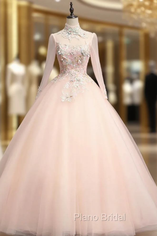 Find Your Dresses For Formal Prom! Pink Ball Gown Tulle Long Sleeve Backless Appliques Quinceanera Dresses