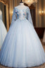 Find Your Dresses For Formal Prom! Sky Blue Ball Gown Tulle Appliques 3/4 Sleeve Quinceanera Dresses