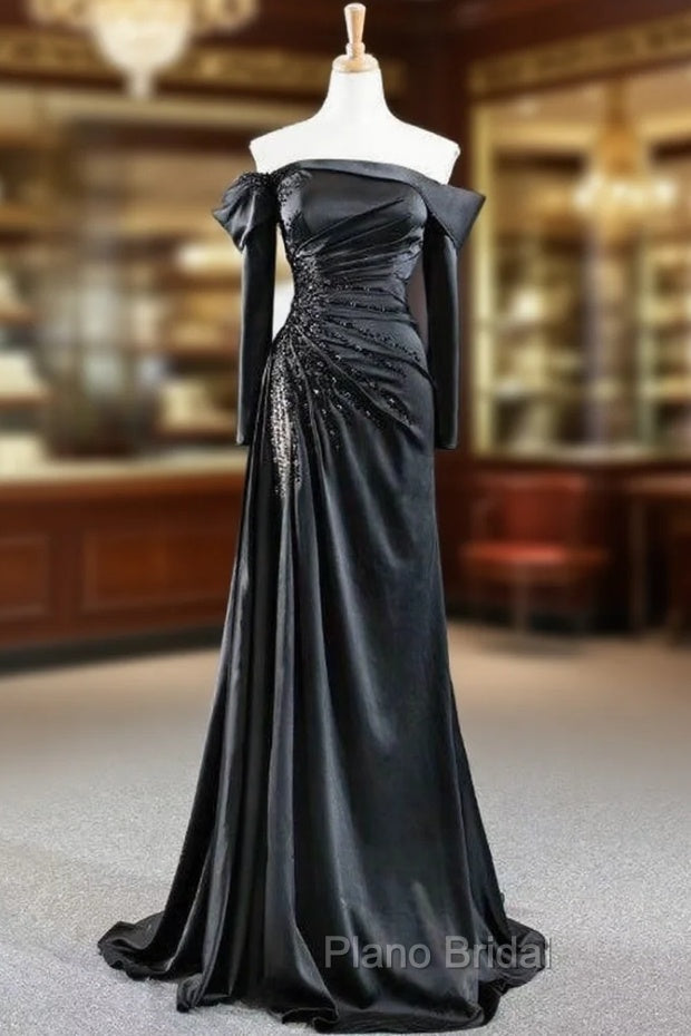 Fit Your Body Type Black Mermaid Satin Off the Shoulder Long Sleeve Beading With Removable Sleeve