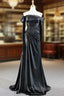 Fit Your Body Type Black Mermaid Satin Off the Shoulder Long Sleeve Beading With Removable Sleeve