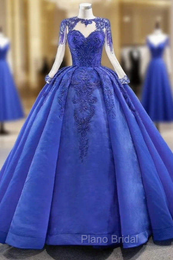 Fit Your Body Type Royal Blue Ball Gown Organza Beading Long Sleeve Formal Prom Dresses