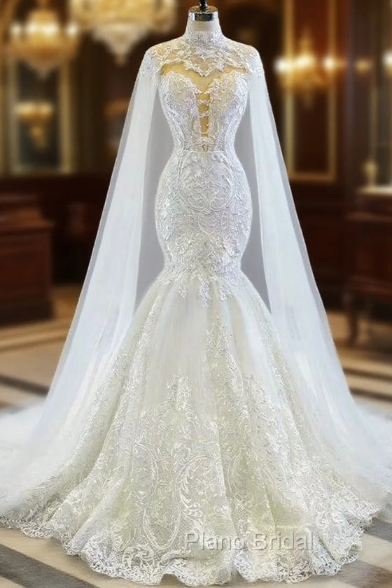 Fit Your Fashion Sense White Mermaid Tulle Lace Appliques Backless Wedding Dresses Shawl Main image