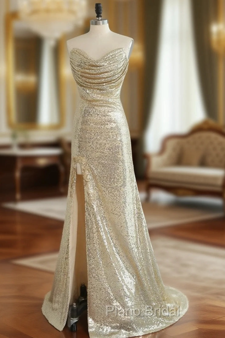 Fitted Light Gold Sexy High Split Formal Prom Dresses Mermaid Sweetheart