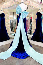 Fitted Mermaid Royal Blue Velvet Formal Prom Dresses With Bow