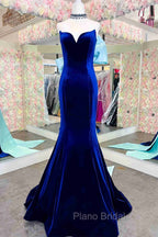 Fitted Mermaid Royal Blue Velvet Formal Prom Dresses With Bow