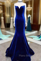 Fitted Mermaid Royal Blue Velvet Formal Prom Dresses With Bow